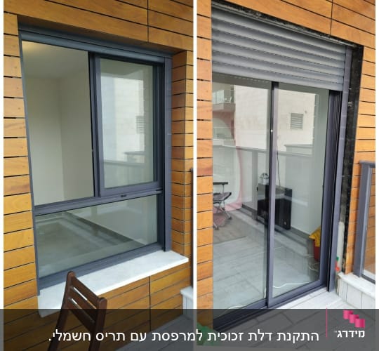 חלונות אלומיניום עם מסגרת אפורה על קיר עץ
